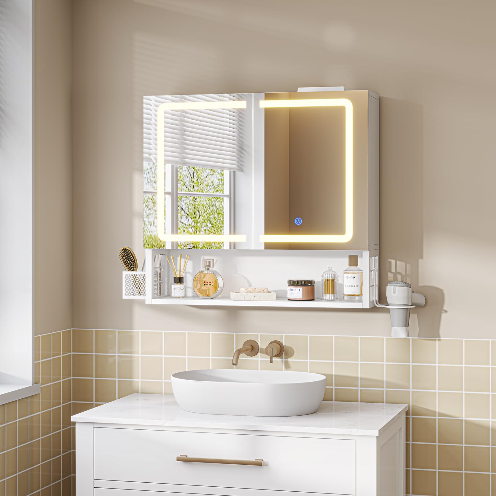 Armoire Murale Salle de Bain avec Éclairage LED et Prises, Armoire de Toilette Miroir avec Étagère Réglable, Température de Couleur Réglable, Meuble de Salle de Bain 60x16x60cm, Blanc