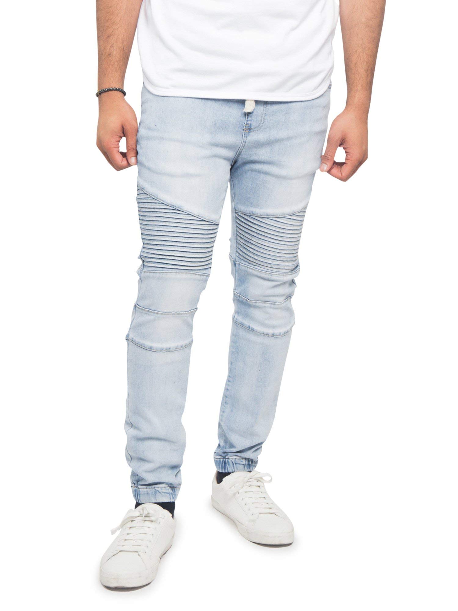 VICTORIOUS Men's Fashion Slim Fit Biker Denim Joggers Jeans JG873 - Light Indigo - X-Large - BB8H