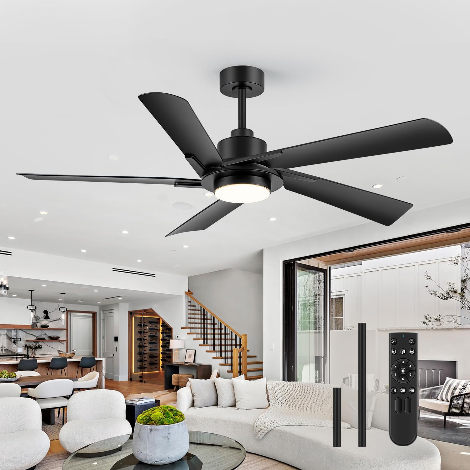 60 Inch Ceiling Fan with LED Light & Remote, Industrial Ceiling Fan with Reversible DC Motor Flush Mount Fan, Reversible 5 Blades Dual Downrods Timer for Large Bedroom, Living Room (Black)