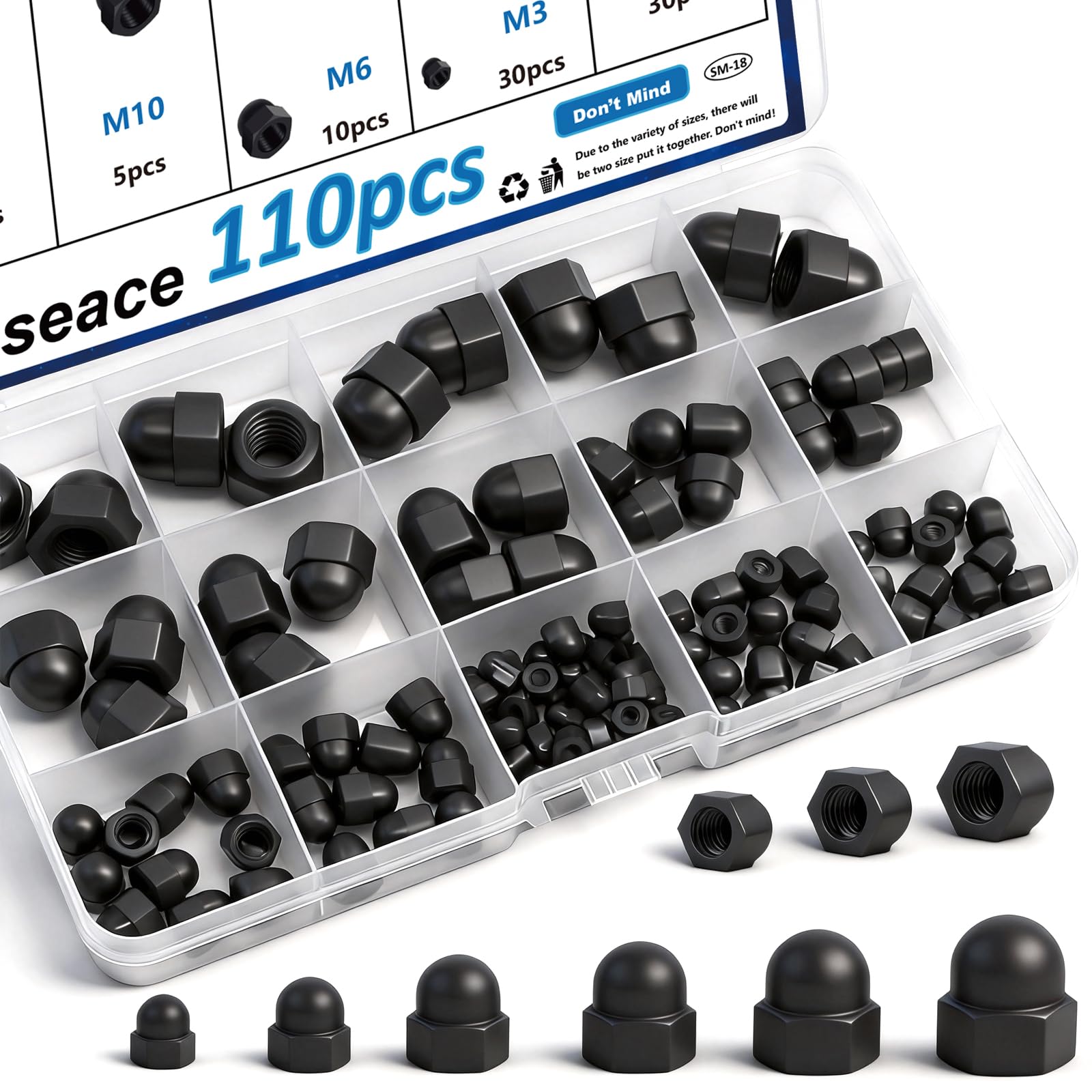 smseace 110Pcs 6-Sizes Hex Acorn Cap Nuts Assortment Kit - M3/ M4/ M5/M6/M8/M10 Bolt Cover Caps for Protection, Indoor and Outdoor Nylon Screw Covers