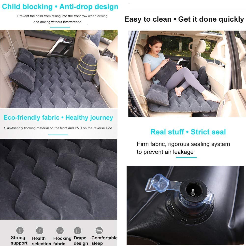 Auto SUV-luchtbed, Opblaasbaar Matras Draagbaar Verplaatsbaar Dikker Luchtbed met Luchtpomp en Twee Kussens voor Reizen, Kamperen, Buitenactiviteiten 174 X 126 Cm(grijs