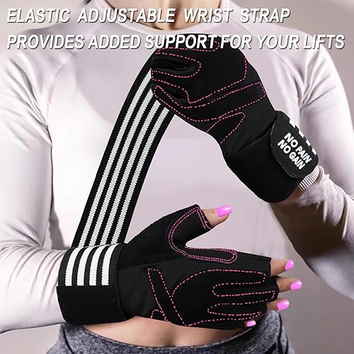 Miniatura 4 de Guantes de levantamiento de pesas para mujer, entrenamiento de gimnasio con soporte de muñeca, guantes acolchados de medio dedo para ejercicio de