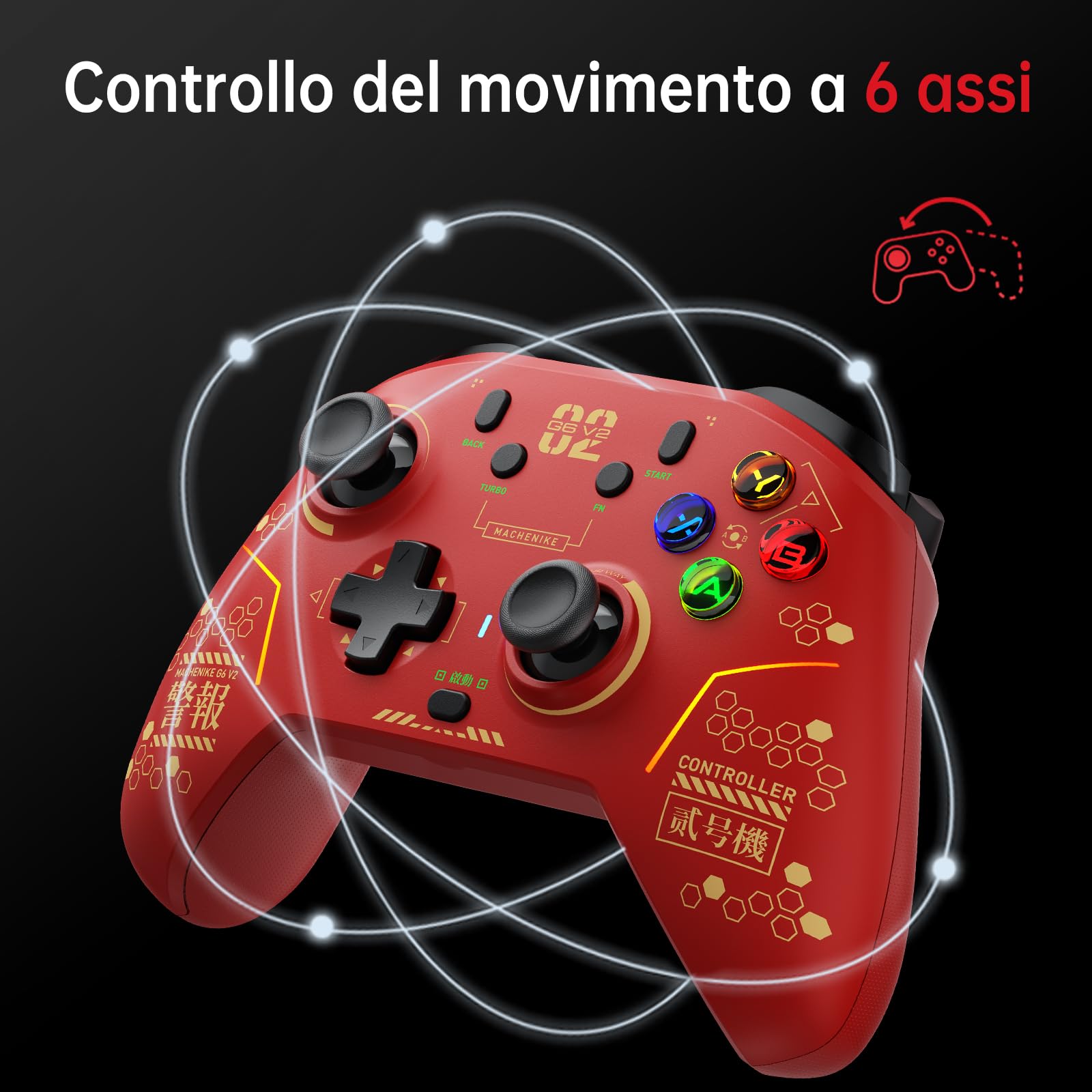 Machenike G6V2 Controller, 2 motori a bobina mobile HD, joystick TMR con coppia regolabile, 2 trigger TMR, pulsanti ABXY facilmente intercambiabili, 4 pulsanti programmabili, 1000 Hz, 1200 mAh, Rosso