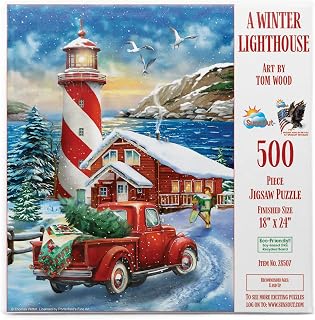 SUNSOUT INC - A Winter Lighthouse - 500 pc Jigsaw Puzzle by Artist: Tom Wood - Finished Size 18" x 24" Christmas - MPN# 28507