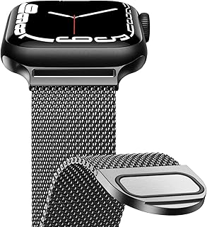 سوار معدني مغناطيسي متوافق مع ساعة ابل مقاس 45 ملم حلقي بتصميم شبكي من الستانلس ستيل مشبك اي ووتش SE-7 اسود للبالغين الجنسين