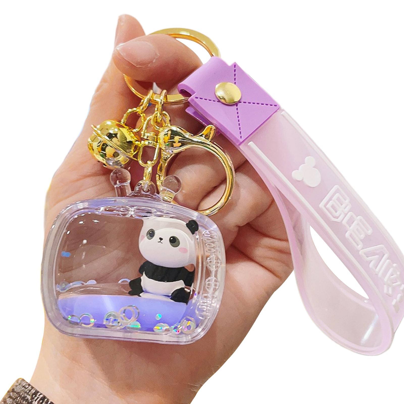 Wilitto Purple Panda Pendant House Keys Keychain Clear Acrylic Quicksand Bell Decor Keyring With Lanyard Doll Handbag