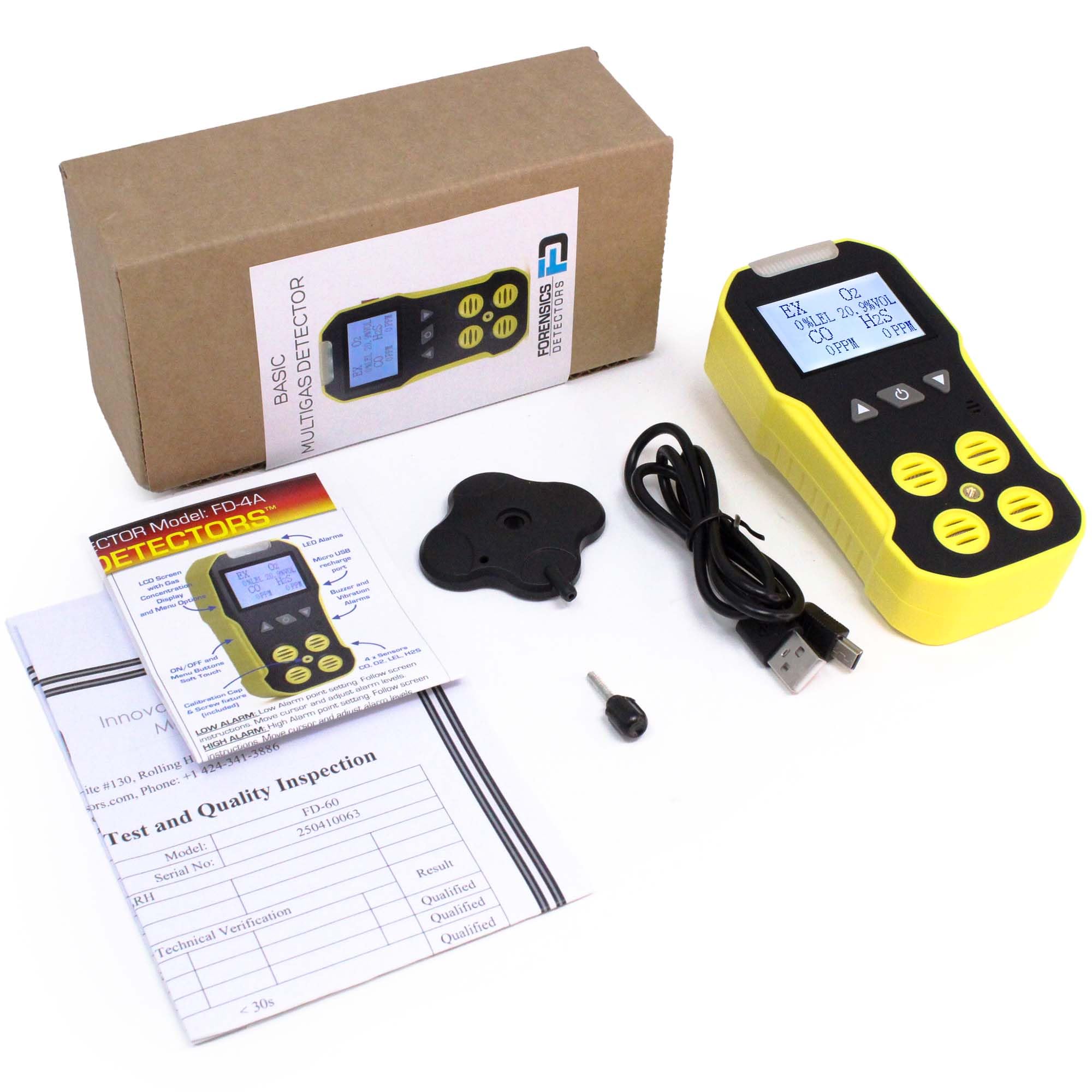 Detector de 4 Gases | O2, CO, H2S, LEL | EU Certificado de Calibración. | Recarga USB | Alarmas sonoras, visuales y por vibración | Pantalla Grande con retroiluminación |