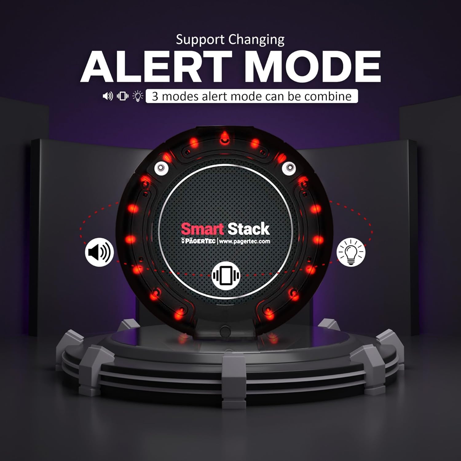 Pagertec Smart Stack PRO pager demonstrating support for changing alert modes.