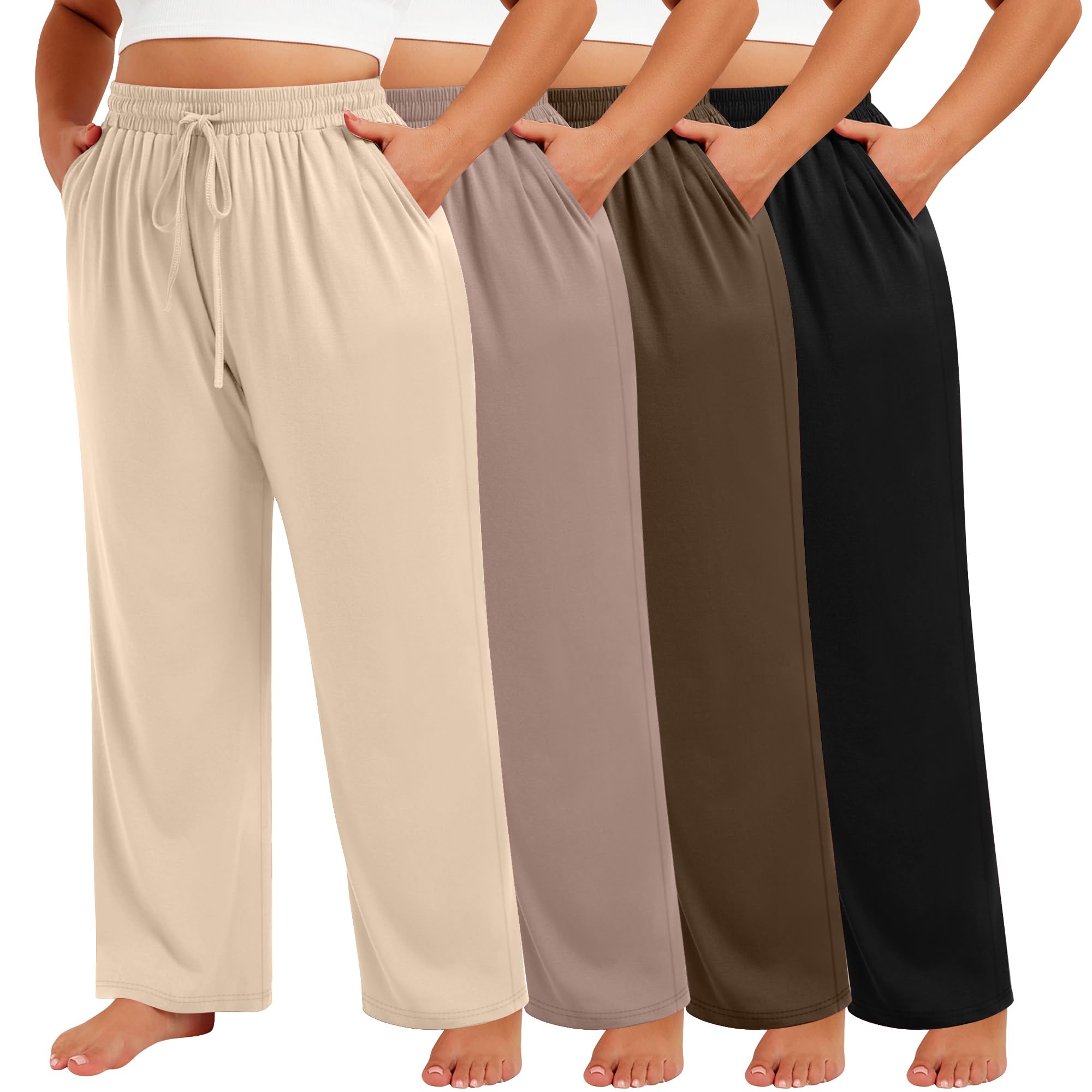 Neer 4 Pack Women's Plus Size Sweatpants Wide Leg Elastic Waist Loose Fit Lounge Pants Drawstring Jogger with Pockets Black, Khaki, Brown, Cream XXL