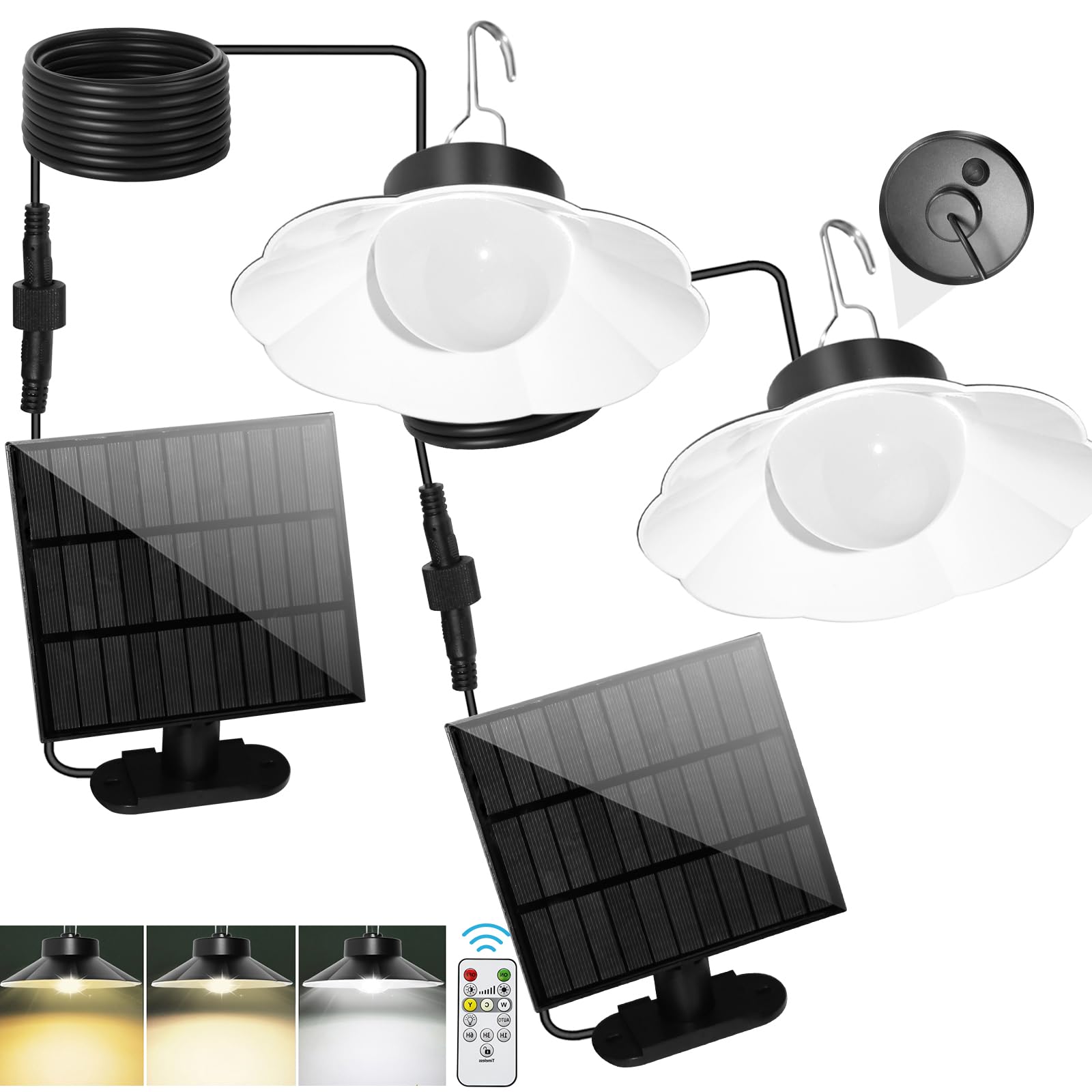 Lampada Solare da Esterno, Lampade a Sospensione Solari, 3 Temperature Colore Luce Solare per Percepire il Crepuscolo, IP65 Impermeabile/6Luminosità/Telecomando per Balcone/Giardino-2PCS