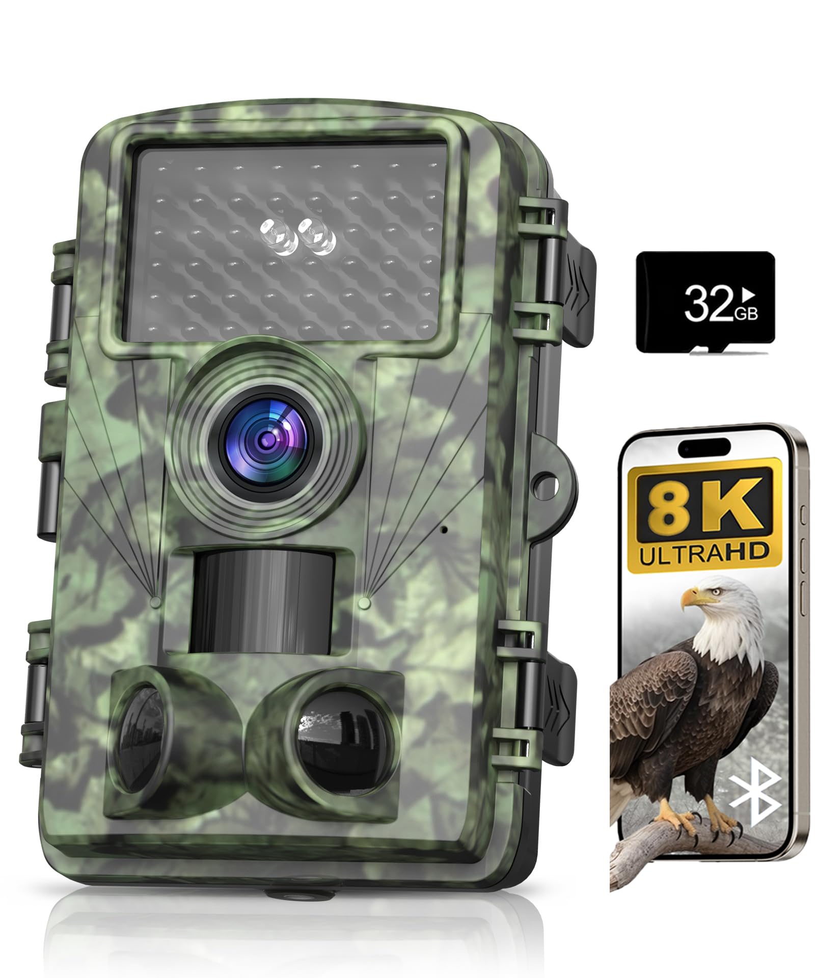 Trail Camera 8k 60MP WiFi Game Camera with No Glow Night Vision Motion Activated IP66 Waterproof, 130° Bluetooth Cell Phone