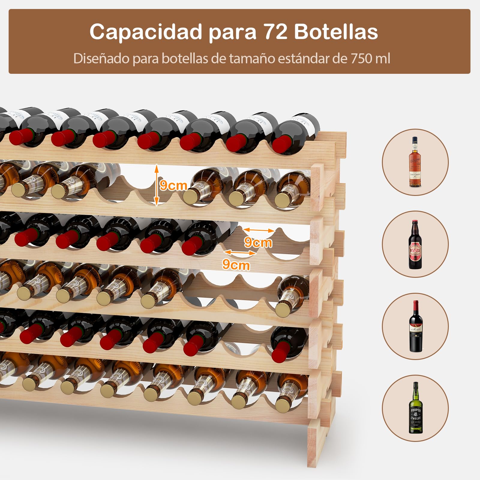 GIANTEX Botellero de Madera de Pino para 72 Botellas con 6 Niveles, Estanteía de Almacenamiento de Vino Independiente, Diseño Inclinado, Soporte de Botellas para Cocina y Bar, 119 x 29 x 71,5 cm