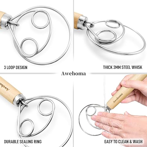 Miniatura 6 de Batidor de masa danés grande - Batidor de mano grande de madera de acero inoxidable de 13 pulgadas con raspador de masa, licuadora artesanal de