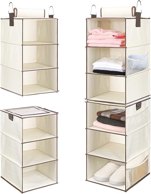 NesTidy 2 Pack 3-Shelf Hanging Wardrobe Storage Organiser, Separable 6 Shelves Canvas Wardrobe Hanging Storage for Dorm, Flat Essentials Clothes and Accessories Storage with 3 Side PocketsBeige