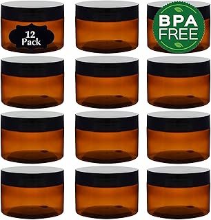 TUZAZO 4 Oz Amber Plastic Container Jars with Lids and Labels BPA Free, 12 Pack Empty Small Round Brown Cosmetic Containers Body Butter Jars for Lotion, Cream, Gel, Ointments and Essential Products