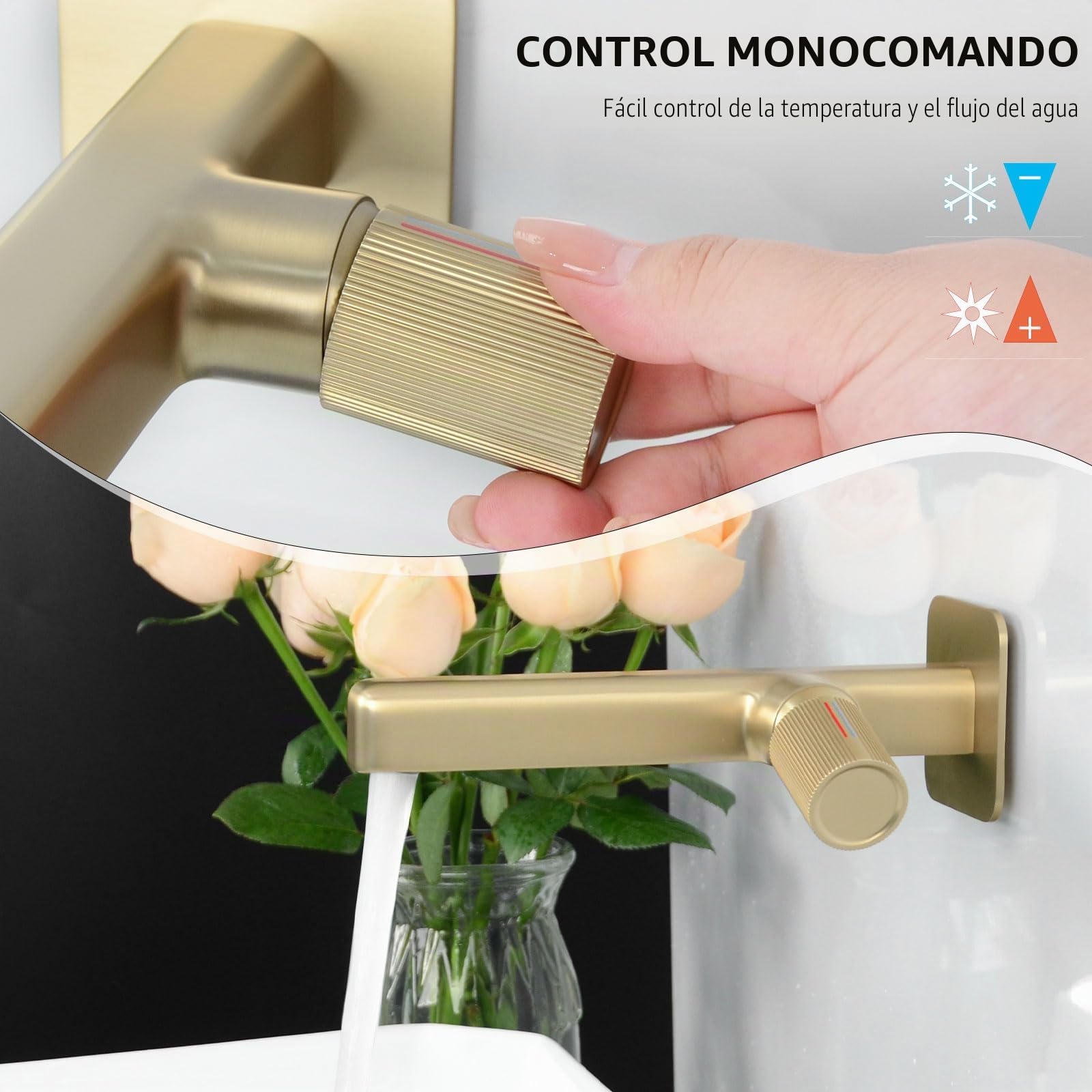 Grifo Lavabo Empotrado, Grifo de Pared Baño, Grifo Monomando Baño, Mezclador Agua Fría y Caliente, Dorado Cepillado, 8M4OK