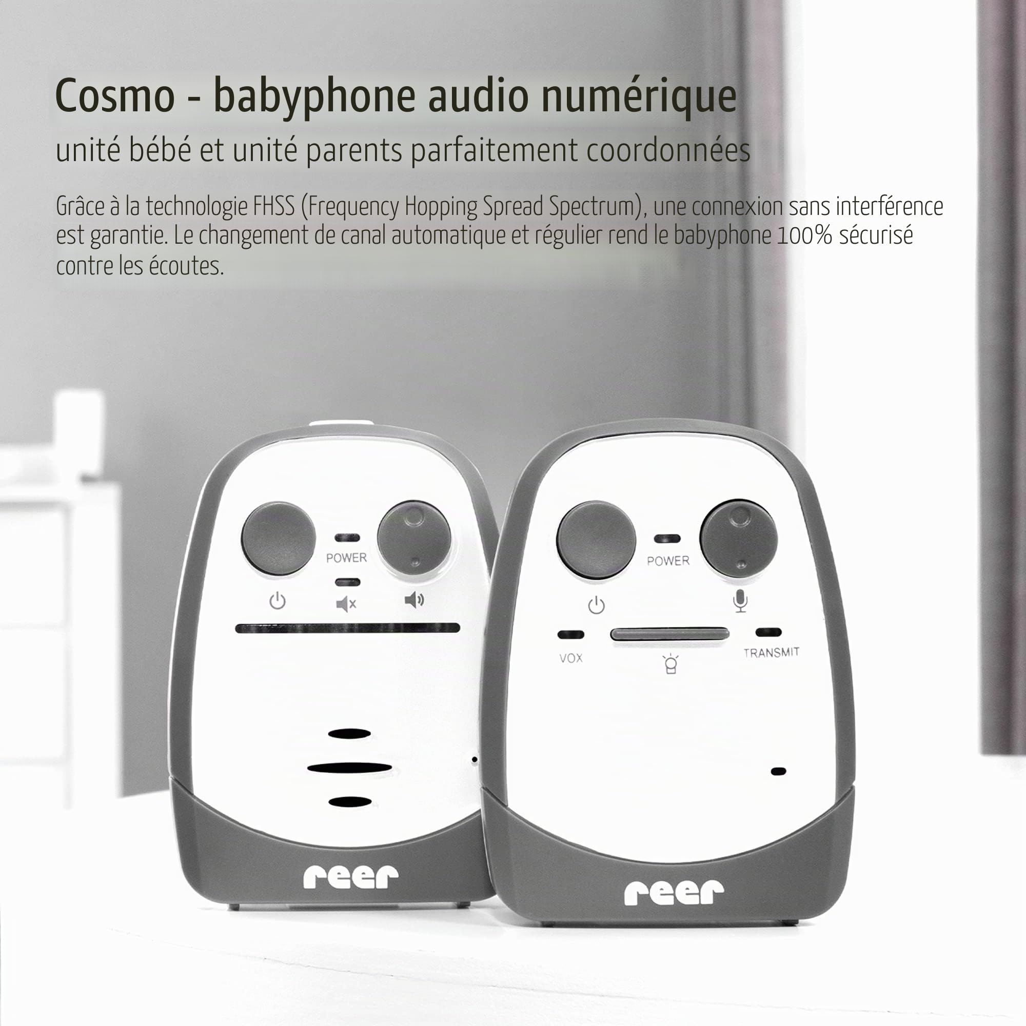 Reer Cosmo 50150 Babyphone de l'inventeur du babyphone, avec veilleuse, alarme vibrante et fonction interphone, blanc, portée de 600 m