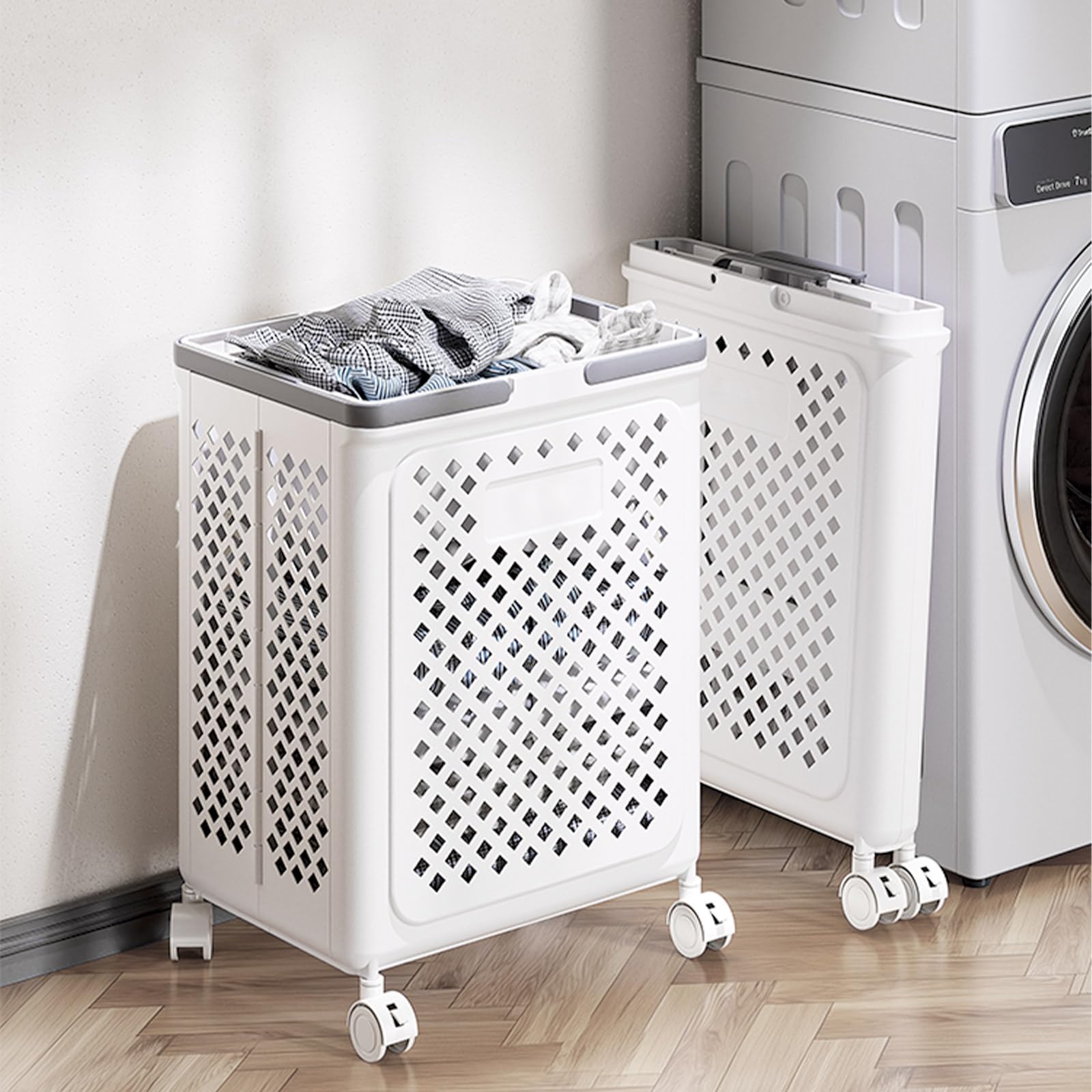 Panier à Linge Pliable avec Roulettes en Plastique | Couleur Blanche, Gain de Place, pour Vêtements Serviettes Jouets, Salle de Bain Buanderie Chambre