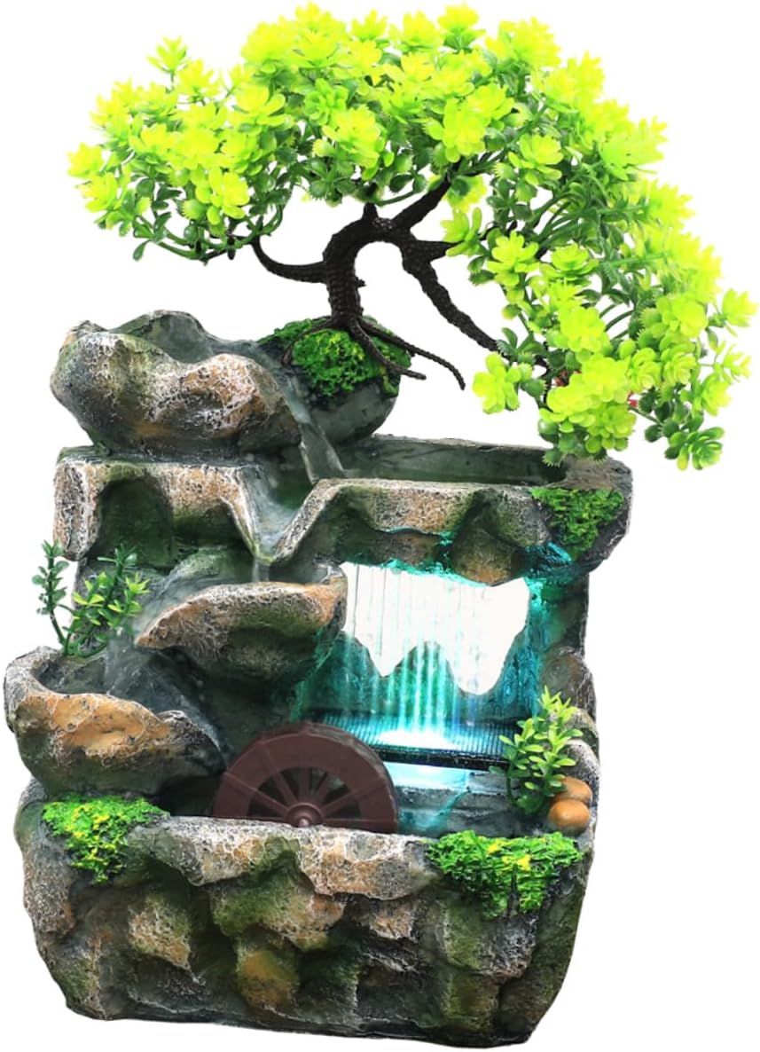 BESPORTBLE Indoor Resin Water Feature Fountain with US Plug Mini Desktop Relaxation Waterfall for Home Office Bedroom Stylish Tabletop Decor Increasing Humidity and Creating Calming