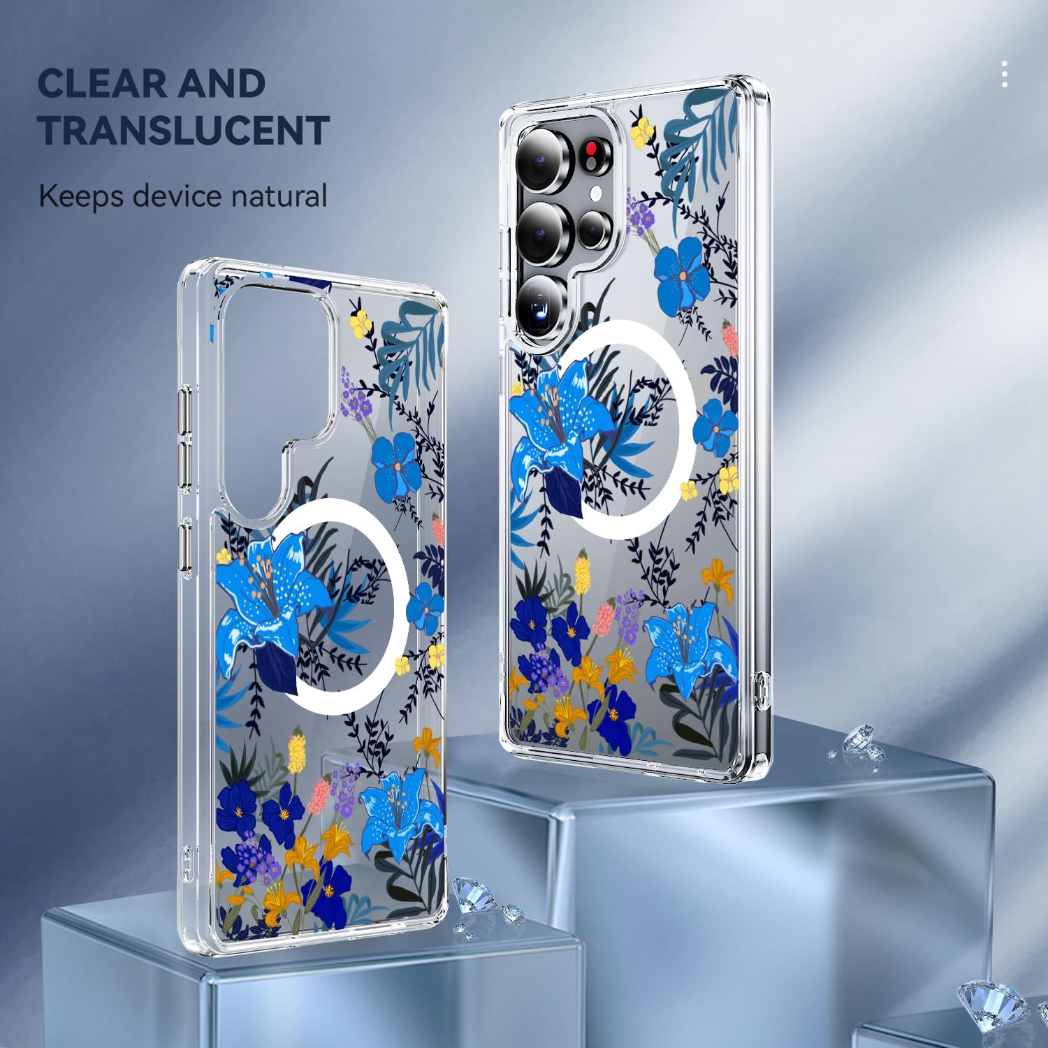 Floral Magnetic Case for S25 Ultra, Floral Clear S25 Ultra Case[Compatible with MagSafe] Flower Branch Pattern Anti-Scratch Tech Shockproof Clear Hard Back Cover Slim for Samsung Galaxy S25 Ultra