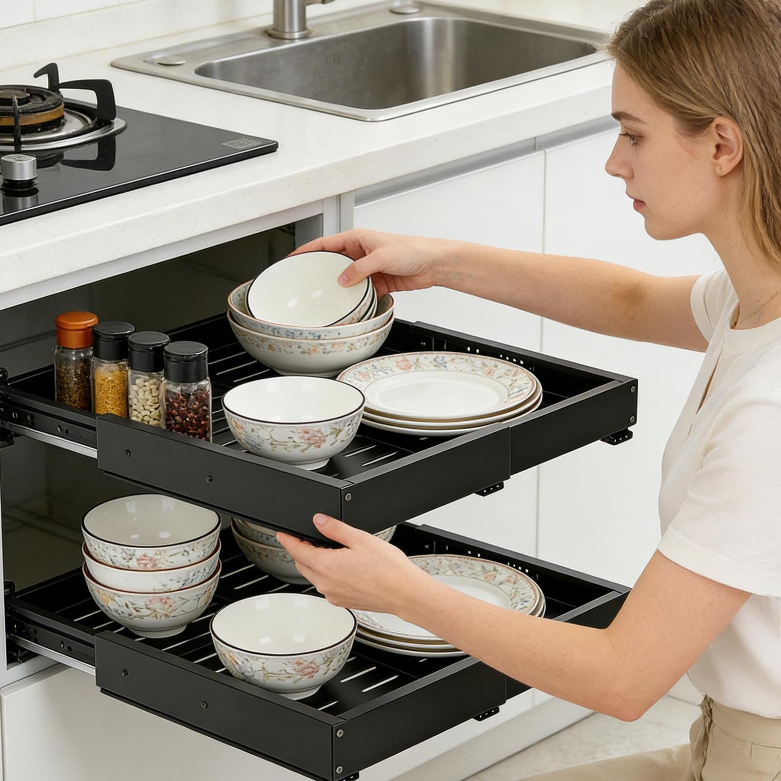 Ausziehbarer Schrank-Organizer – Organizer unter der Spüle, herausziehbares Aufbewahrungsregal, vierseitig ausziehbar (1 Packung) ohne Bohren, ausziehbare Schublade, langlebiges , Spülbecken- und