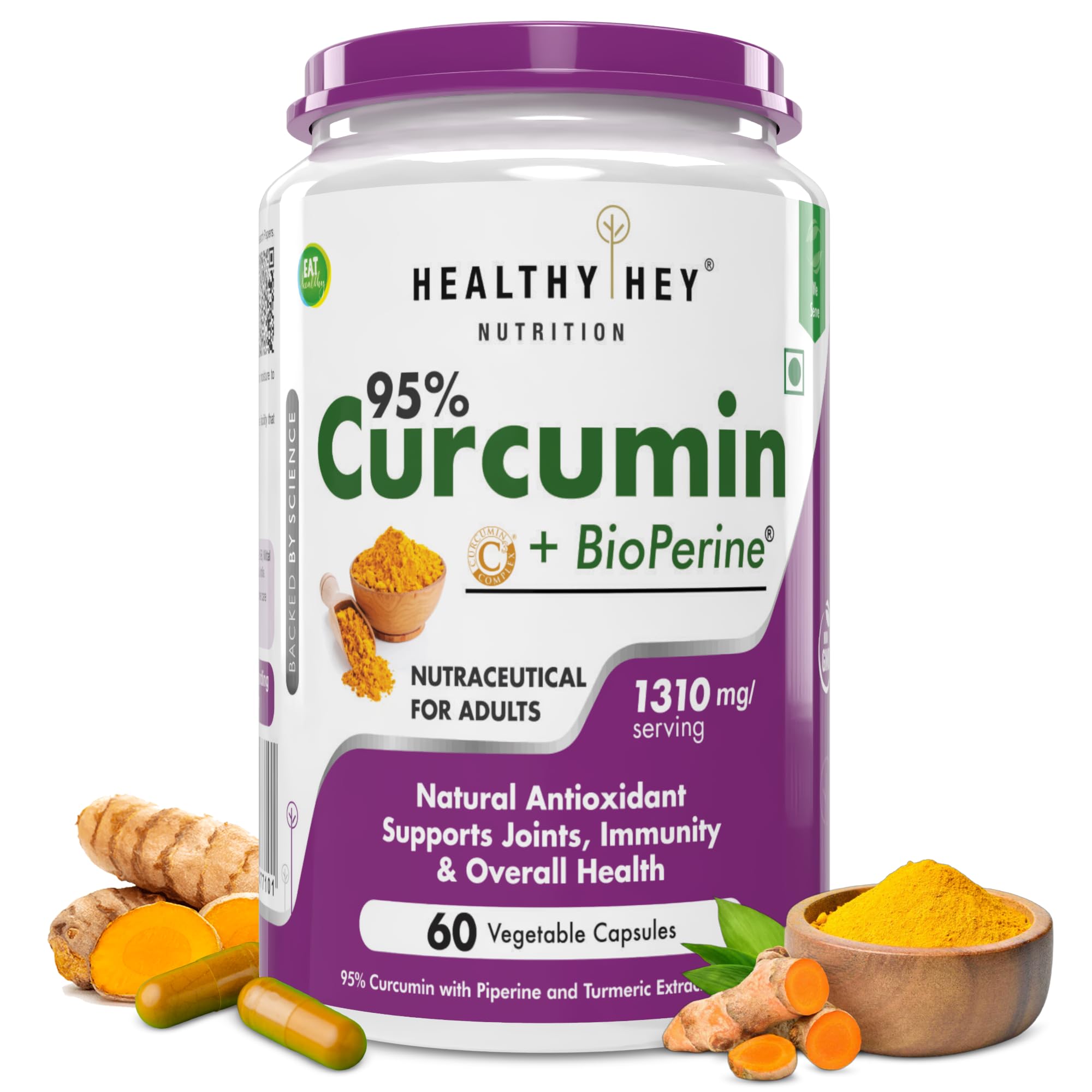 HealthyHey Nutrition Curcumin with Bioperine 1310mg (Ultra Pure) | Organic Turmeric, 60 Vegetable Capsules with Piperine