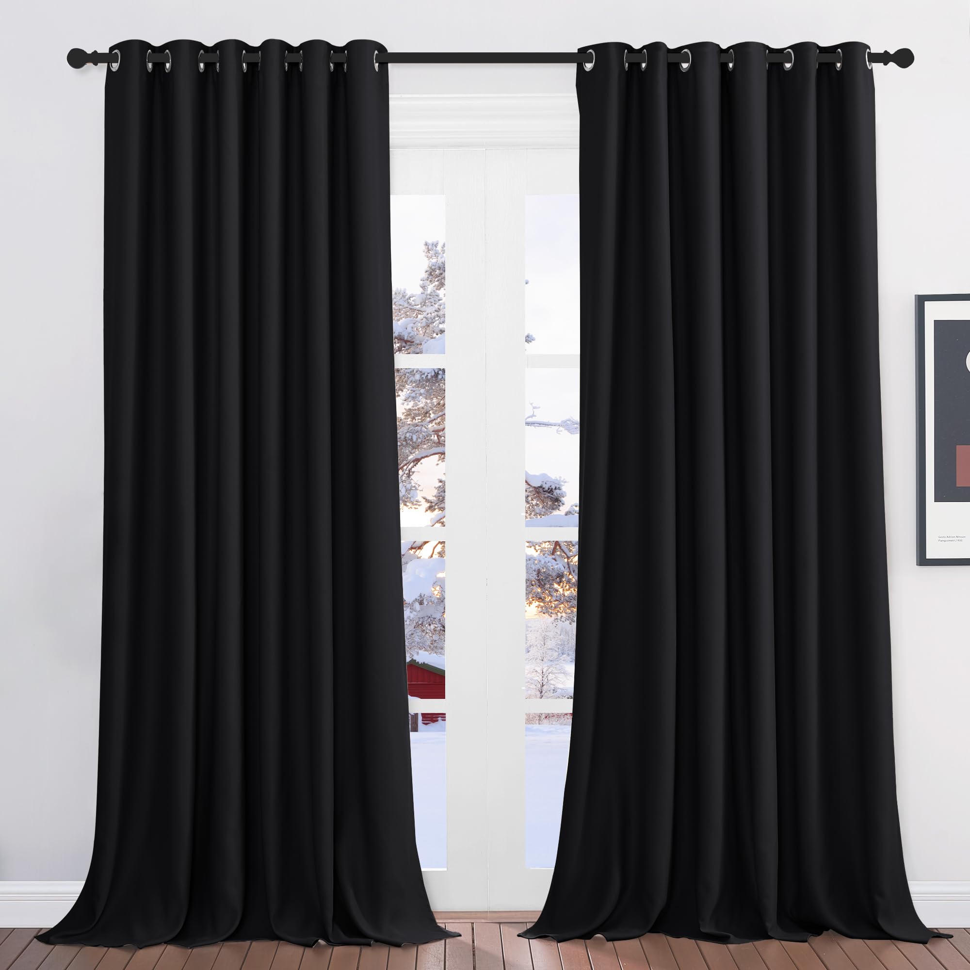 PONY DANCE Tenda Oscurante ad Anelli Tende Camera da Letto 2 Pezzi L 200 x A 245 cm Curtains Termiche Isolanti per Interni Pannelli Divisori Moderne per Soggiorno, Nero