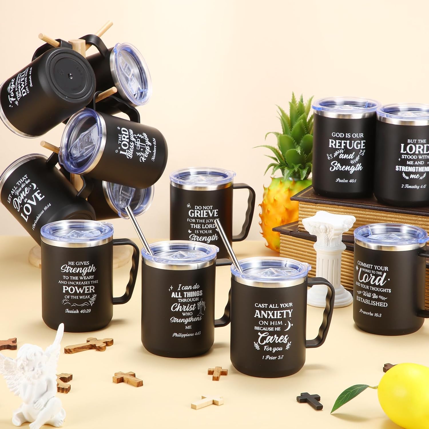 Nitial 12 Pcs 17 oz Christian Coffee Mugs with Lid and Straw Religious Bible Verse Christian Gifts Insulated Inspirational Bible Affirmations Tumbler for Friend Men Women Church Favor (Black) - Image 4