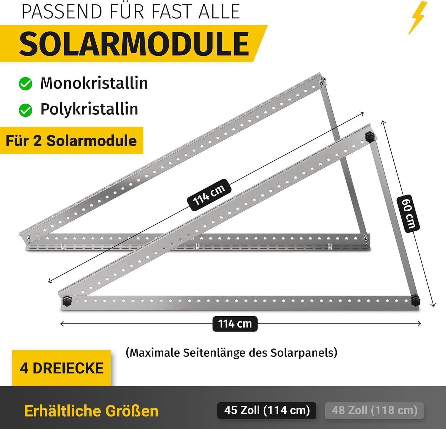 Avoltik Balkonkraftwerk Halterung im 2er Set (bis 114cm) I Halterung für 2 Solarpanel-Module I Verstellbar von 0-90° I Ideal für Dach, Balkon & Boden
