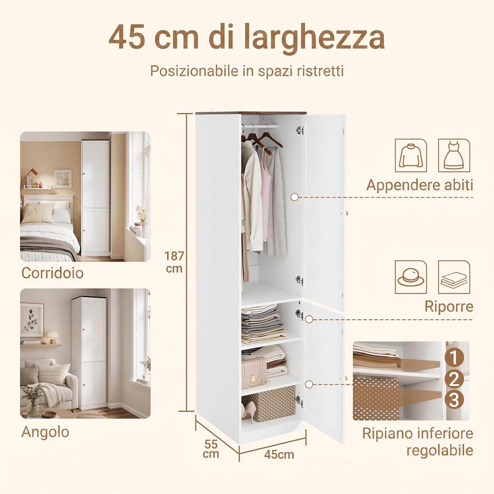 SoBuy Armadio stretto 45cm di larghezza con appendiabiti, ripiani 45x55x187