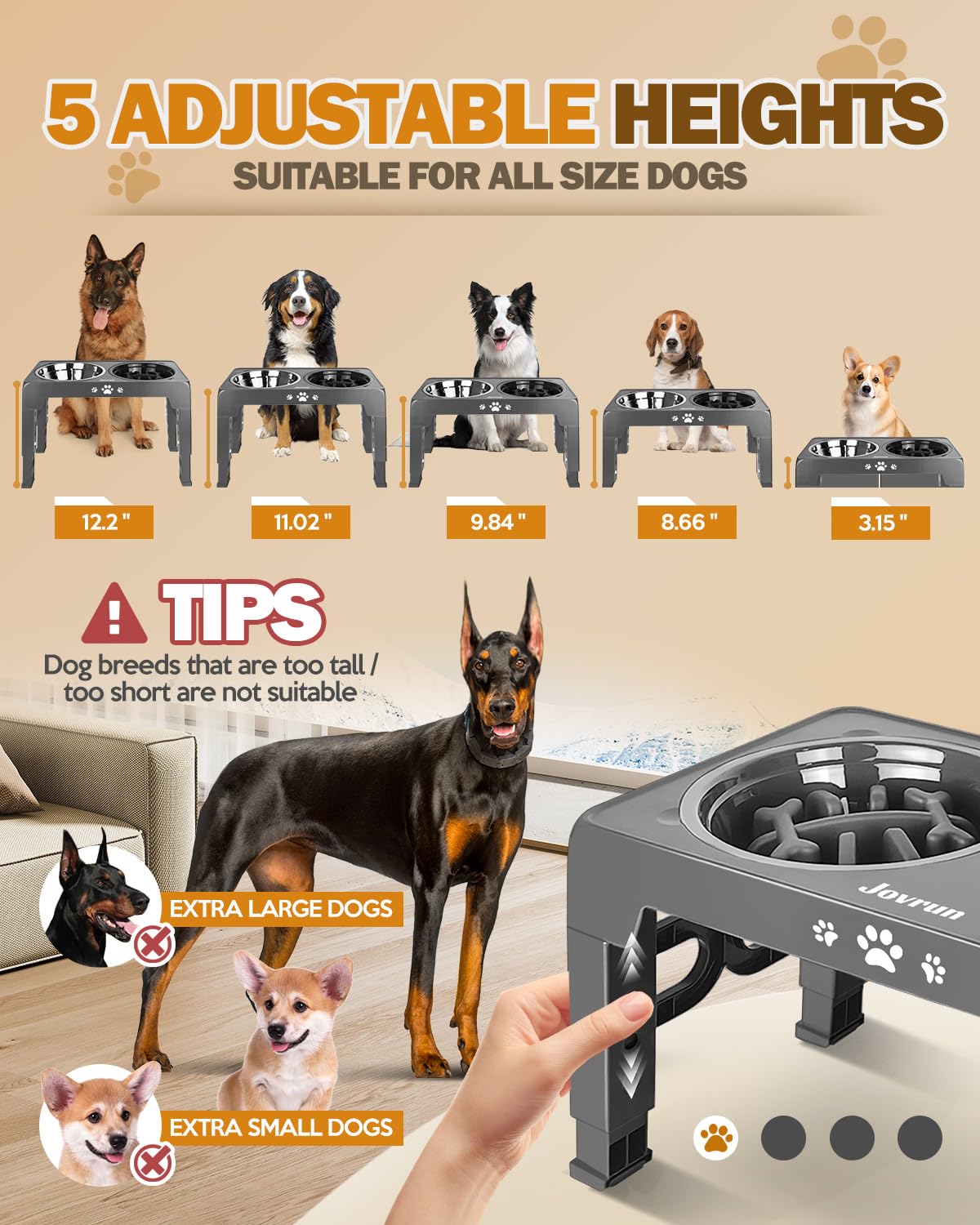 Jovrun Cuencos elevados para perros, comedero para perros con 2 cuencos de acero inoxidable y 1 cuenco de alimentación lenta para perros, soporte elevado ajustable de 5 alturas para perros medianos y
