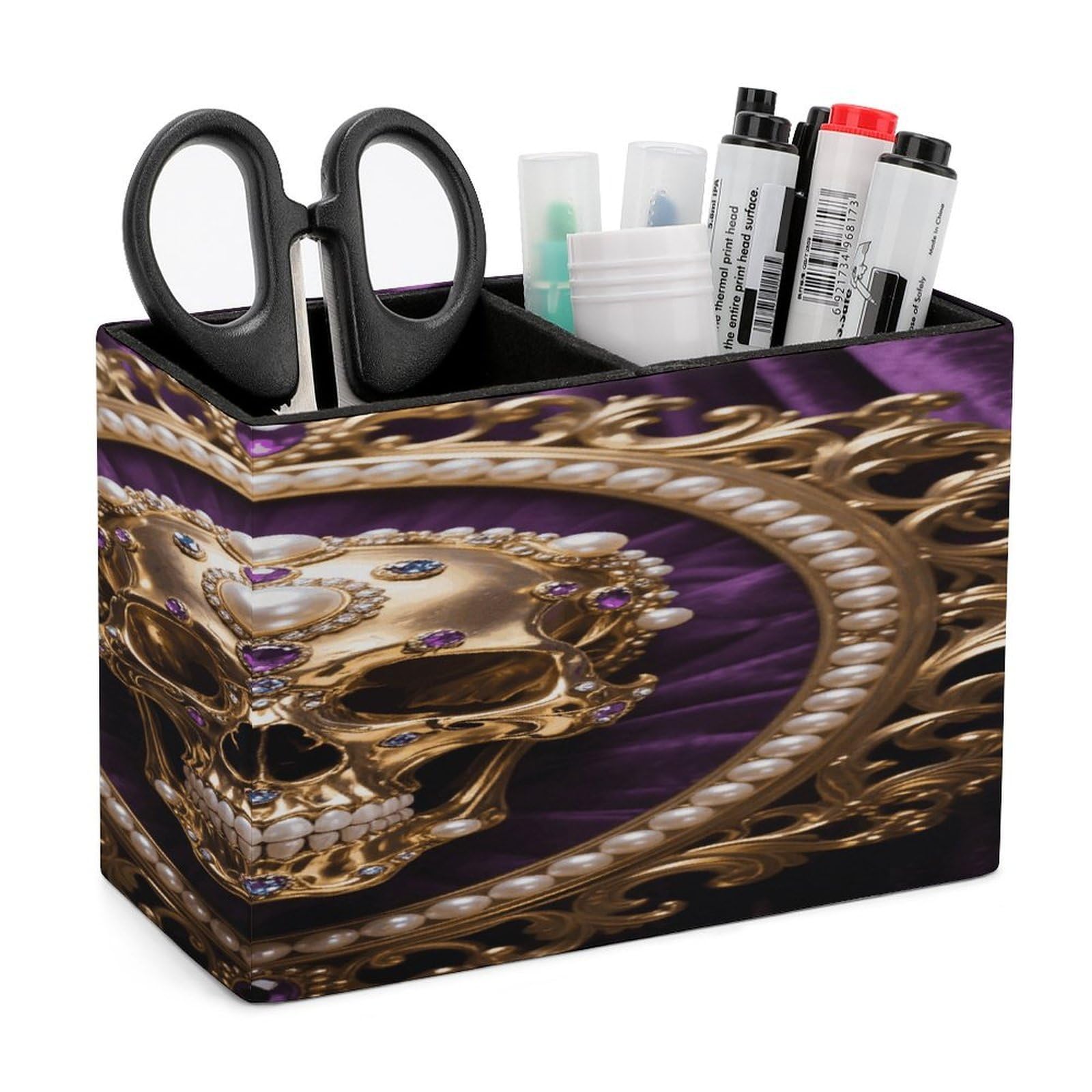 VstaDank Baroque Metal Skull Pencil Holder for Desk Organizer 2 Compartments Pen Cup Leather Square Pen Holder Pencil Cup Stand Makeup Brush Holders for Desktop Organizer Storage Case