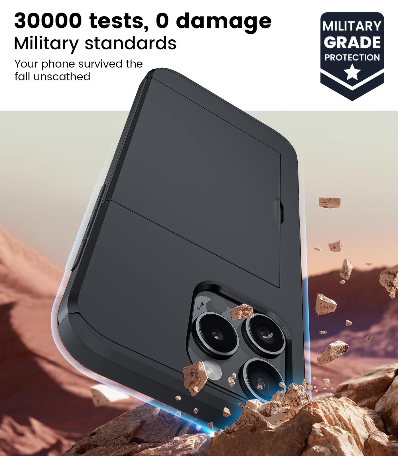 Cover per iPhone 15 con Porta Carte Custodia Portafoglio Antiurto Anti-Graffio Resistente Grado Militare Protettiva Slot Nascosto Scorrevole Case, Nero