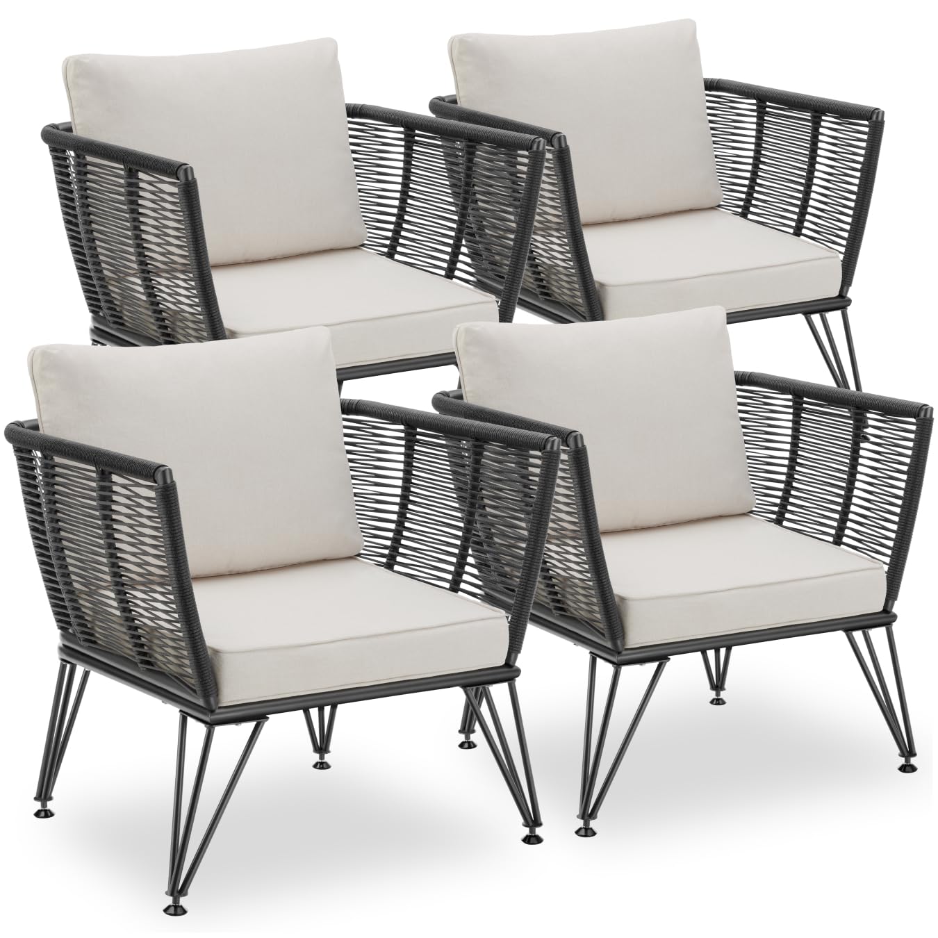 tectake® Sillas de Jardin Exterior de Ratán, Sillones de Jardin, Cojines, Sillas Exterior Resistente a la Intemperie, Sillones para Terrazas, Muebles de Jardín, Butacas de jardín - 4 Sillas