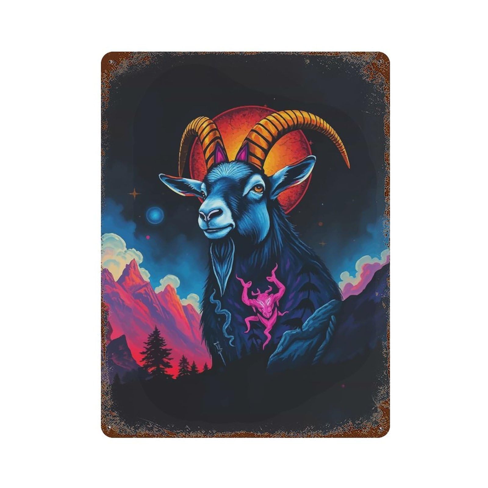 Rustic Tin Plaque Goat with Demon Tattoo 15.7"x11.8", Retro Wall Decor for Shed, Workshop And Garage Wall Decor