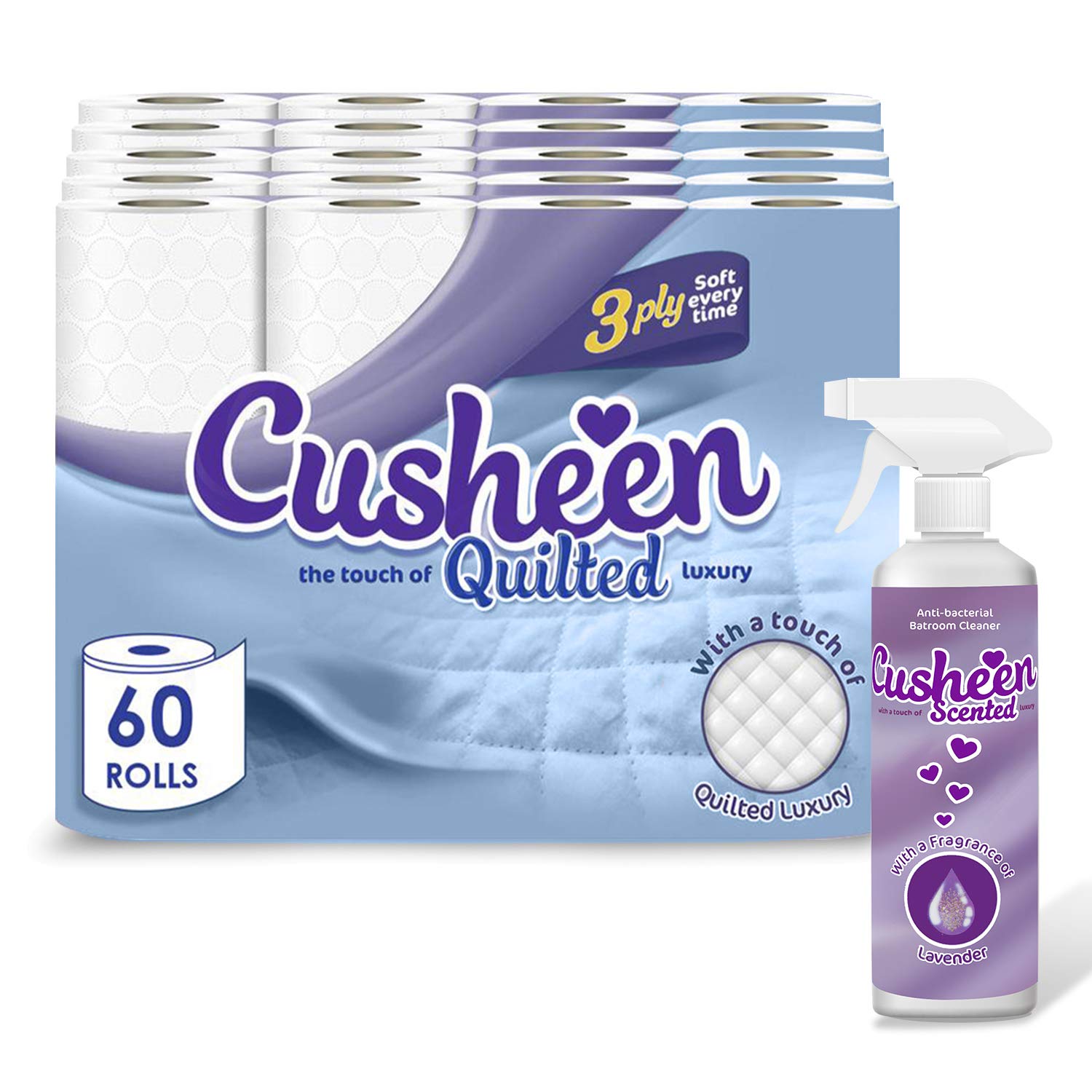 Cusheen Toilet Roll & Bathroom Cleaner Bulk Buy 60 Rolls of Cusheen Quilted White 3 Ply Toilet