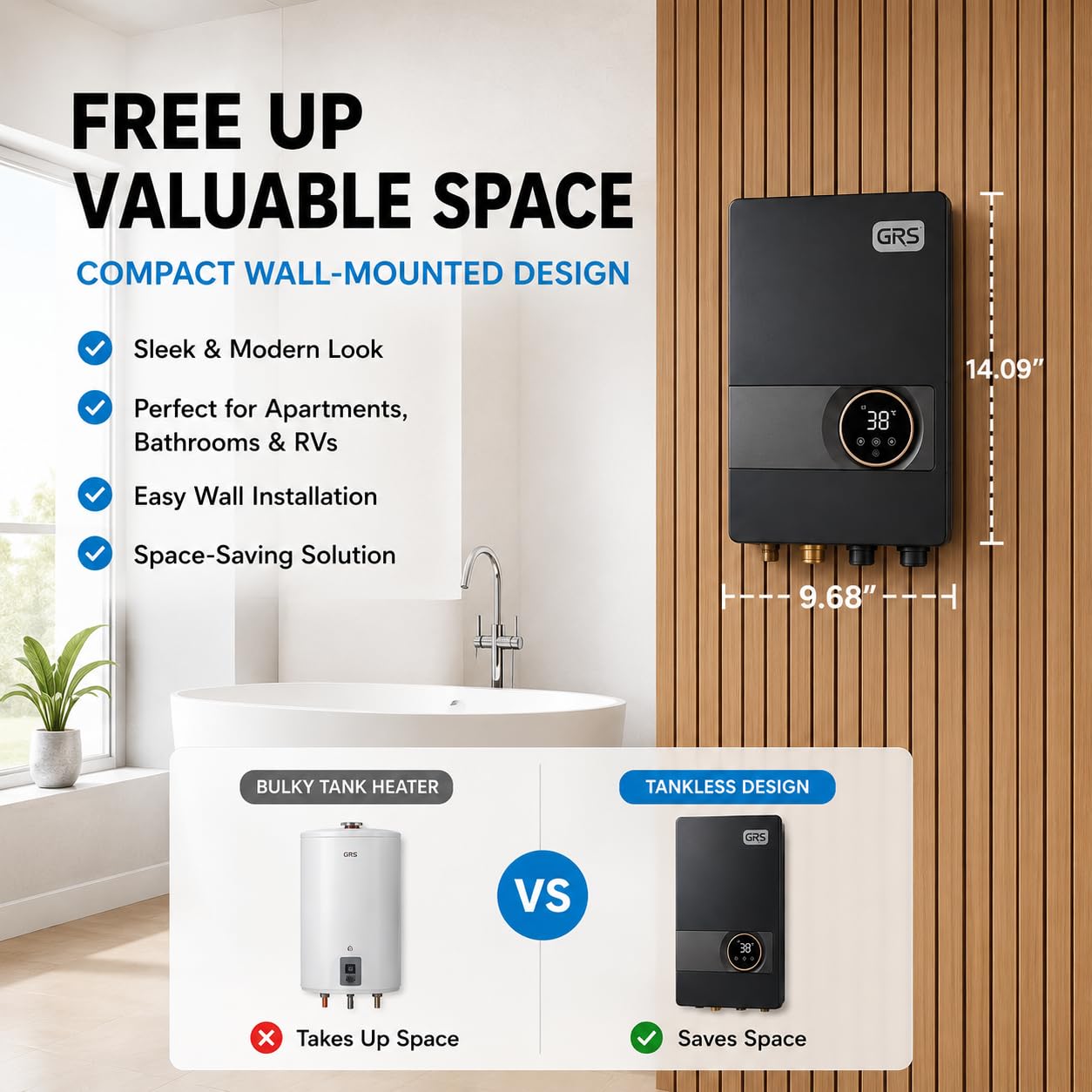 GRS Calentador de agua eléctrico sin tanque 13 KW 240 V, calentador de agua caliente instantáneo para toda la casa con pantalla digital, ducha y cocina