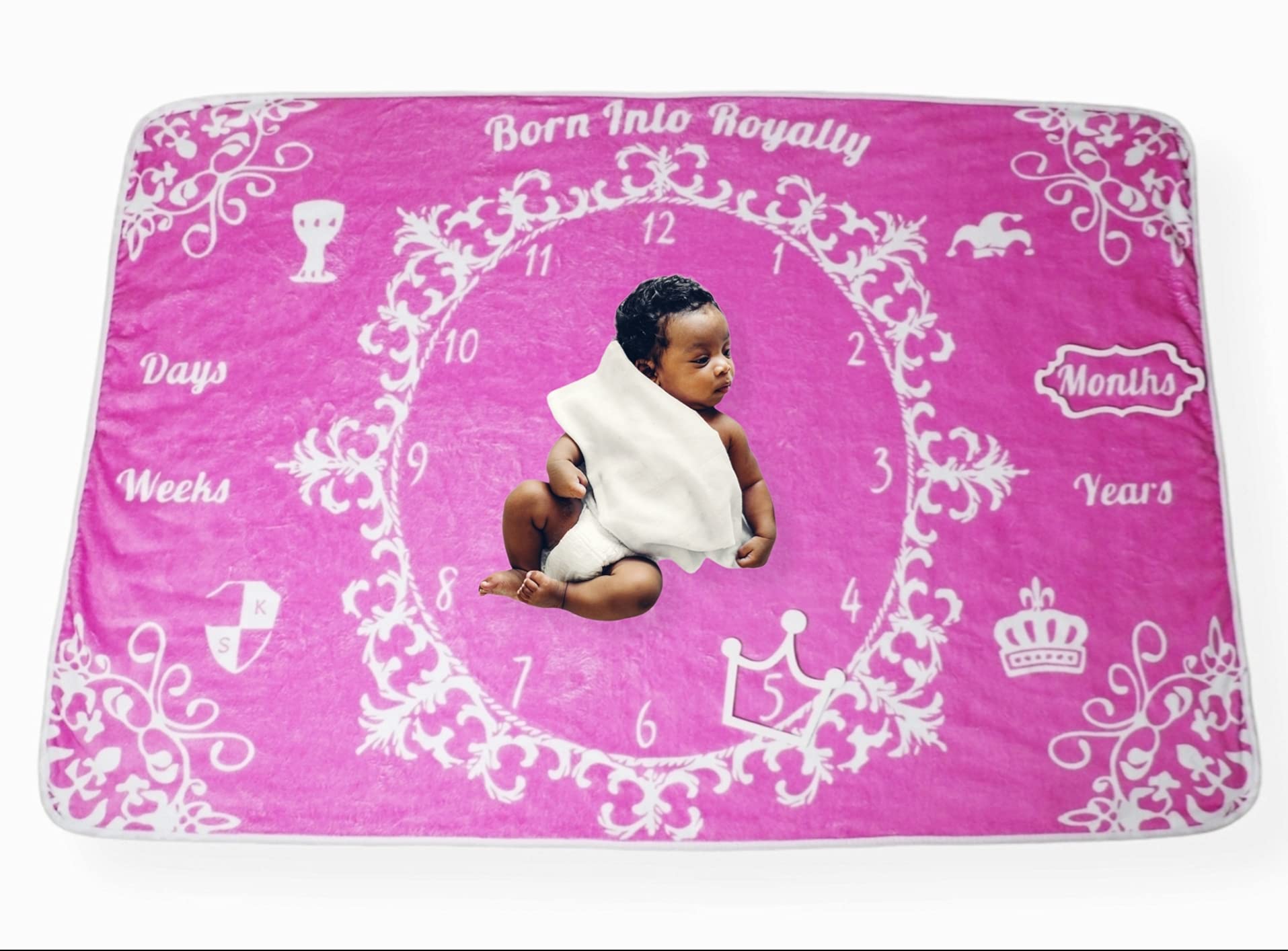 Stunning Born Into Royalty T3 Baby Milestone Blanket | Includes Extravagant Baby Bib for Prince or Princess | (40" X 60") Good for Baby Photos from Days to Years | Soft Fine 100% Fleece | Perfect