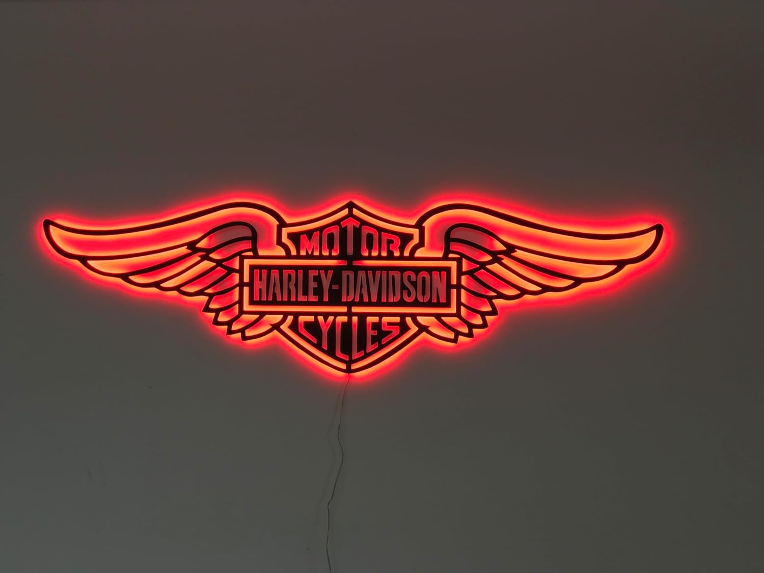 Harley Motorcycles LED Wall Sign, Neon Effect Metal Logo with Wings, Vintage Garage & Man Cave Decor, Backlit Art Gift for Bikers & Collectors (Amber - 37 x 11 inches)