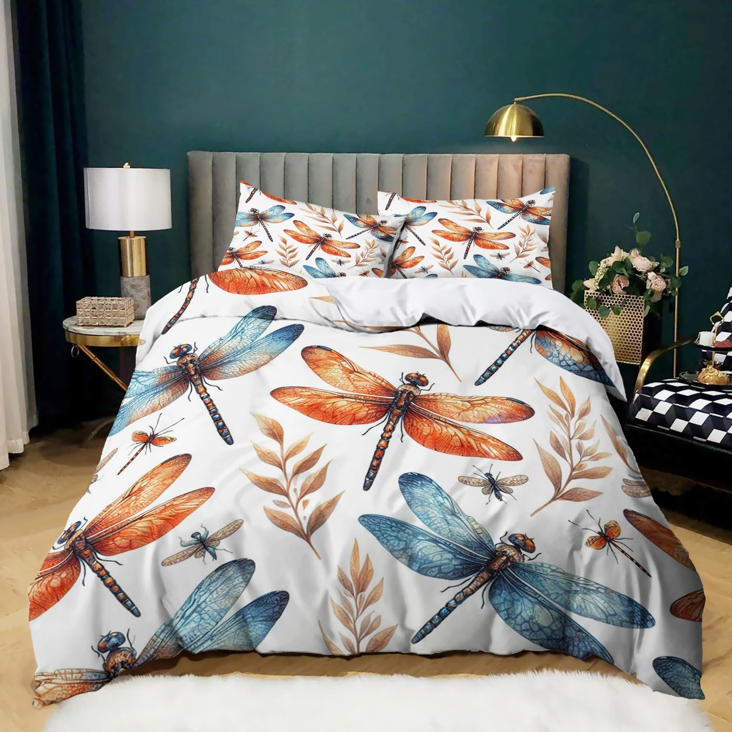 Housse de couette 220x240 feuilles de libellule avec 2 taies d'oreiller en microfibre imprimée