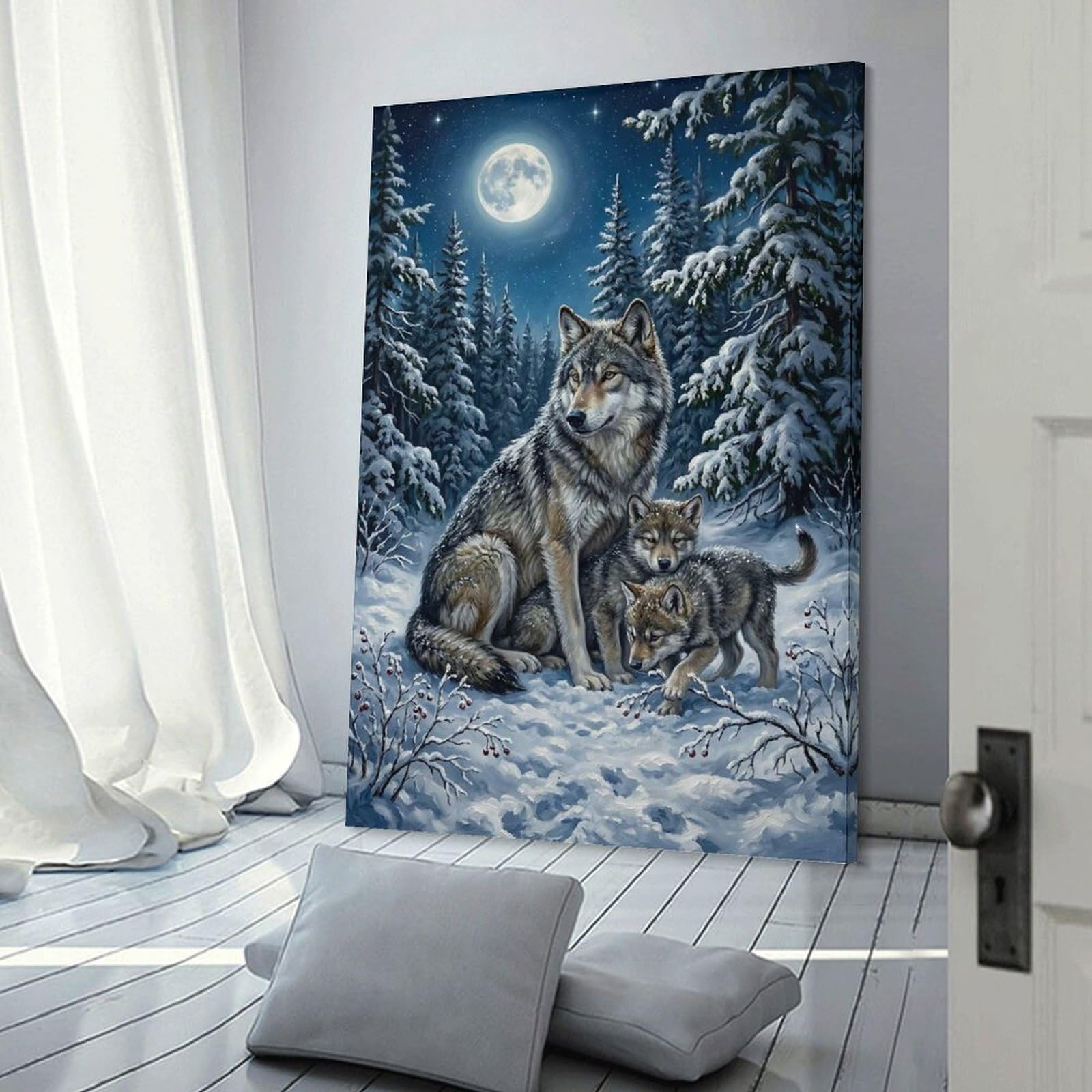 Junmoney Wolves in A Snowy Forest at Night Home Decor Wall Art 24x36inch(60x90cm), for Living Room, Lounge Or Sitting Room, A Home Accent with Warm Character