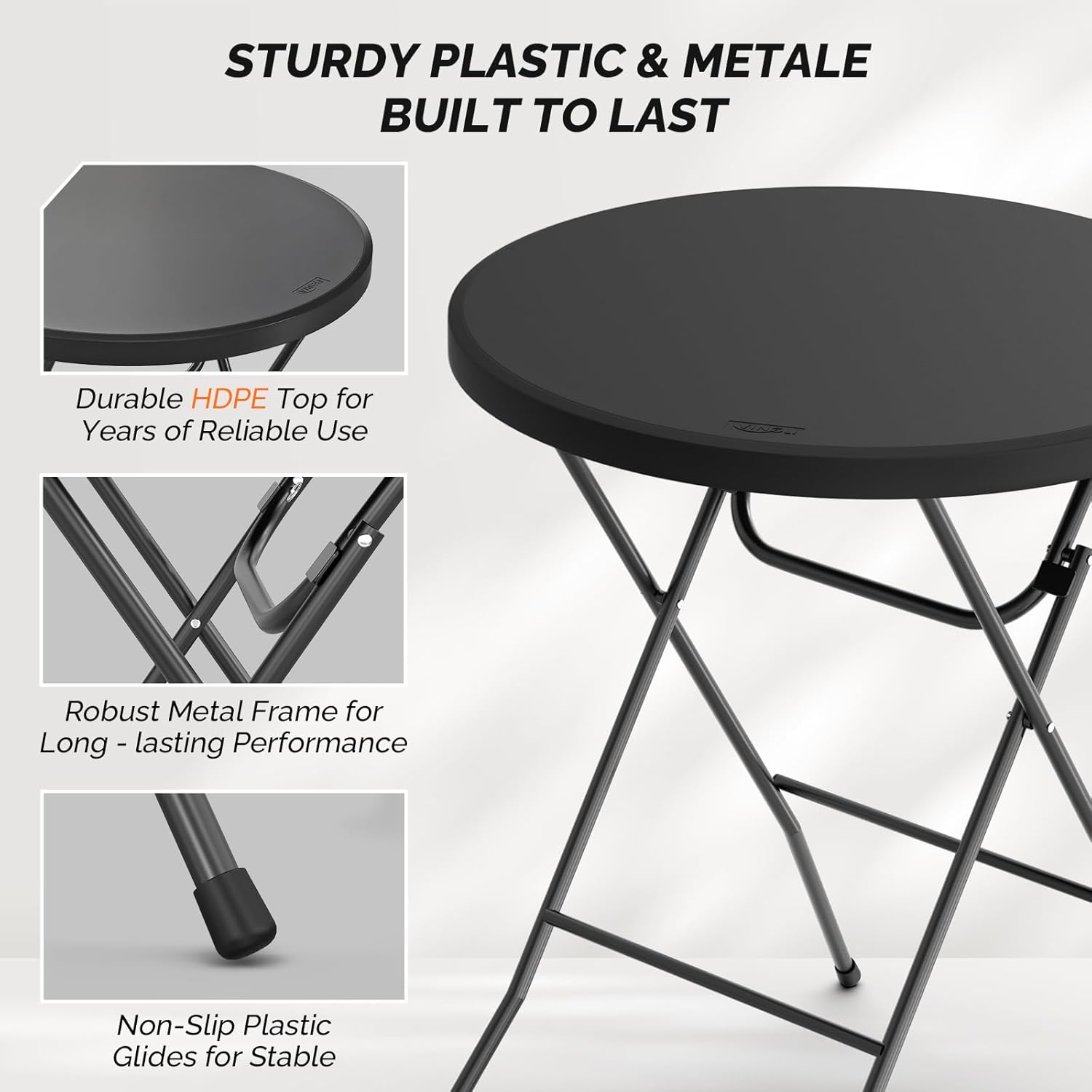 VINGLI 32" Plastic Folding Round Table Bar Height, HDPE Matrial with Gray Metal Finish, High Top Table for Outdoor Party, Cafes, Restaurants, Backyard, Dining Room, Wedding Event,1 Pack, Black