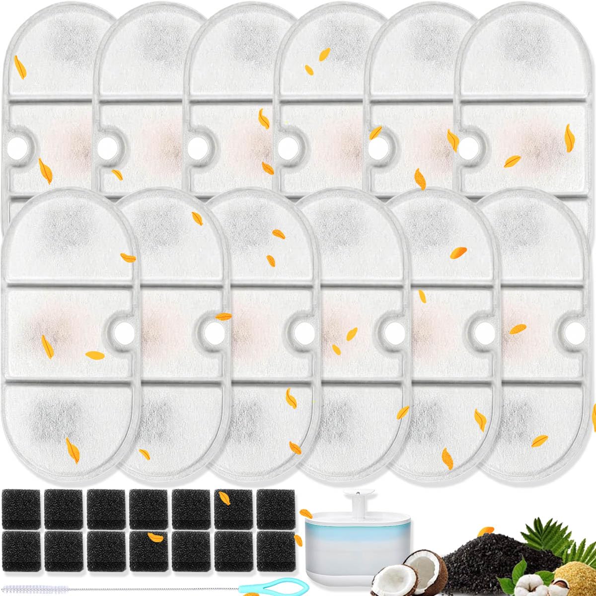 Acmerota 12 Pcs Cat Water Fountain Filters Compatible for PETLIBRO PLWF002 2.1L Cat Water Fountain Multi-Layer Filtration Removes Impurities PLWF002 Replacement Filters with 14 Pump Sponges
