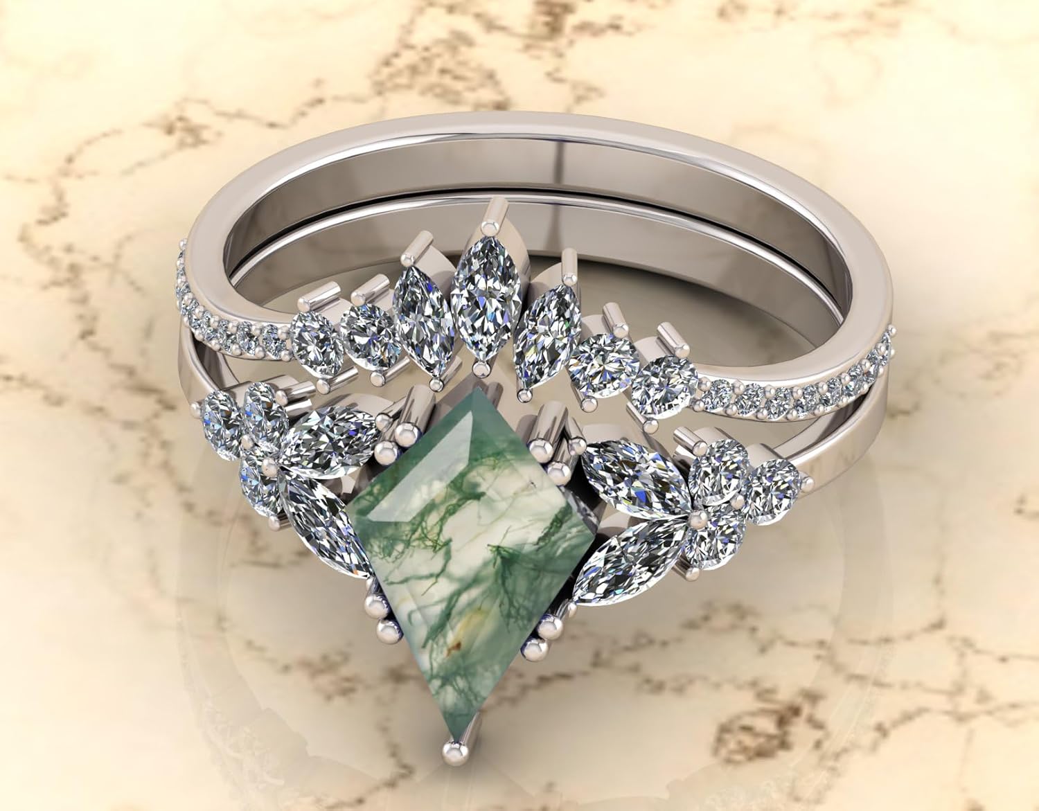 Oval Shape Natural Moss Agate Gemstone Wedding Ring Set, 925 Sterling Silver Nature Inspired Moss Agate Unique Dainty Branch Statement Ring, Gift for Her