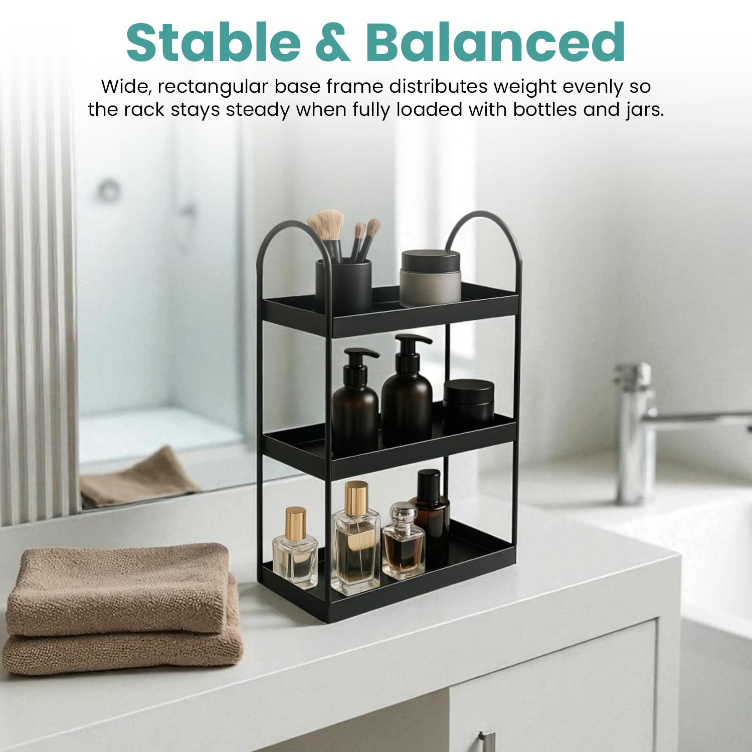 Go Hooked 3 Tier Curved Metal Vanity Organizer – 45cm Tall Countertop Storage Rack for Bathroom, Dressing Table & Desk | Powder Coated Rust-Resist Iron | Freestanding Space-Saving Shelf (Black) 2