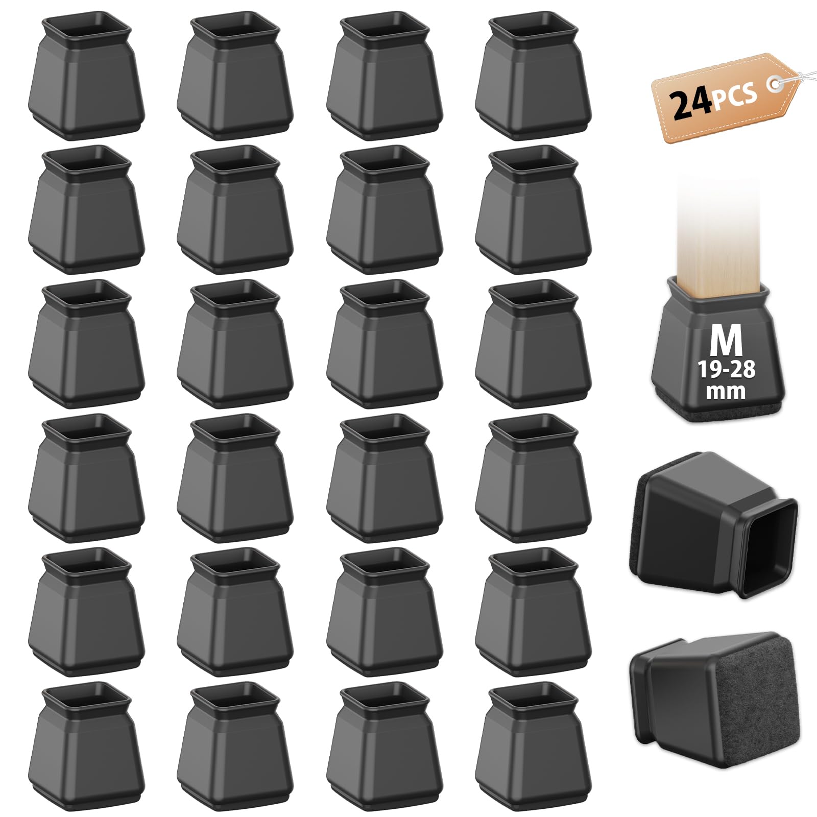 24 Pcs Square Black Chair Leg Silicone Floor Protectors, Chair Socks, Stool Leg Covers with Felt Pads, Protect Floors from Scratches, Reduce Noise (Fit:19-28mm)