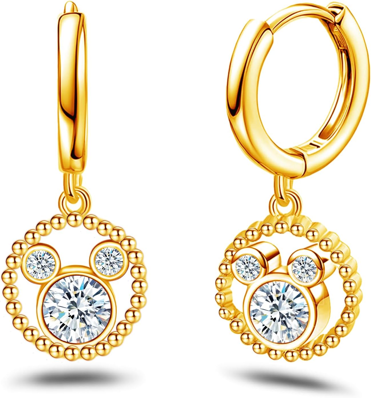 Mouse Earrings for Women Gold Plated Sterling Silver CZ Round Mouse Dangle Hoop Earrings Sparkling Cute Huggie Animal Earrings Lucky Cute Princess Jewelry Gifts for Women Daughter Birthday Party