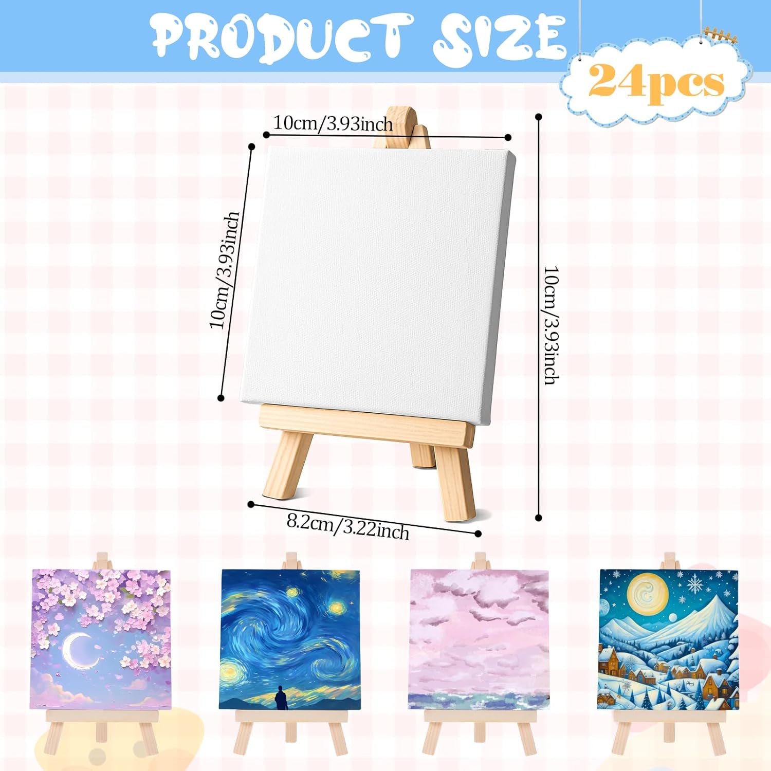 JJUNW 24 Pack Small Painting Canvas with Mini Easel, 4 x 4 Inch Mini Canvases with Easel Sets Art Canvases Painting Kit with Wood Display Easels for Adults & Kids Party Classroom Crafts