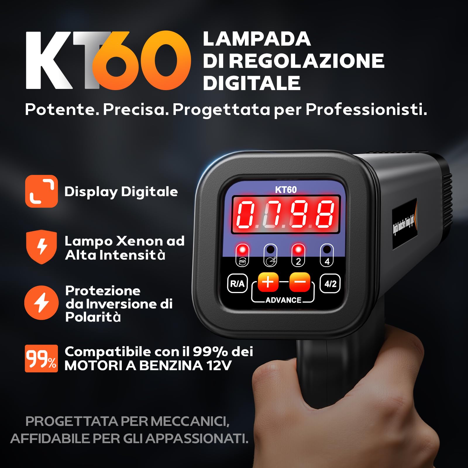 KZYEE KT60 Pistola Stroboscopica 2/4 tempi, Lampada Stroboscopica per Motori 9-16V, Lampada Stroboscopica auto con Display digitale a LED,Pistola d'accensione per auto nave a vapore moto Timing Light