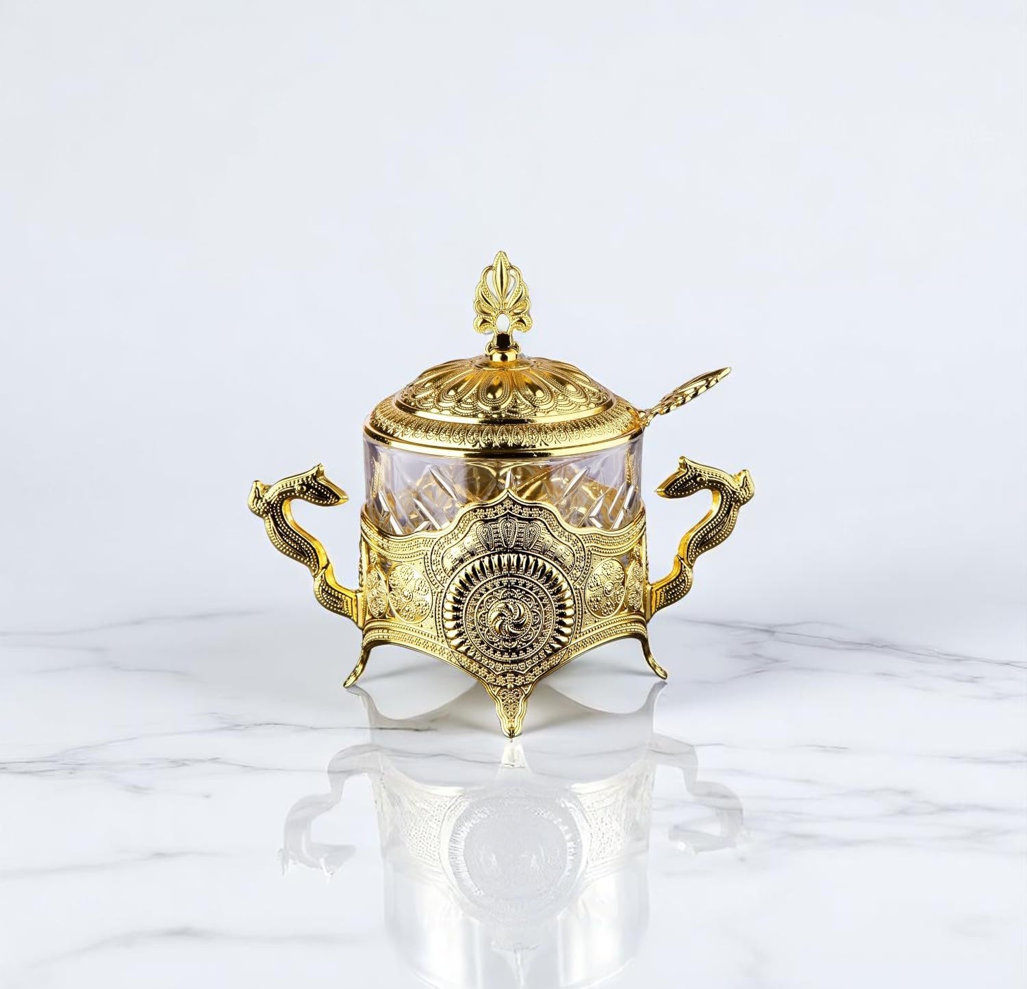 Alisveristime Candy Dish with Ornate Handles, Zamac Lid and Base, Glass Body, and Zamac Spoon - Ottoman-Inspired Sugar Bowl in Gold & Silver (Gold)